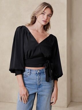 Banana Republic Black Wrap Blouse with Bishop Sleeves
